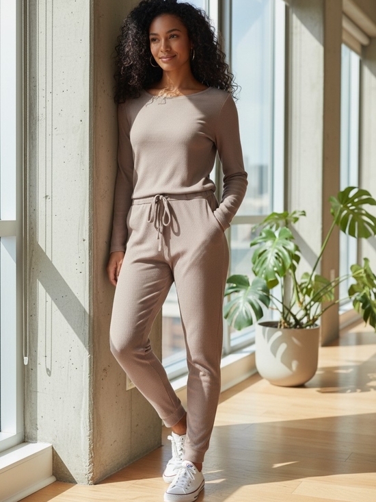 Boohoo Pants - Boohoo Neutral Taupe Ribbed Long-Sleeve Jumpsuit